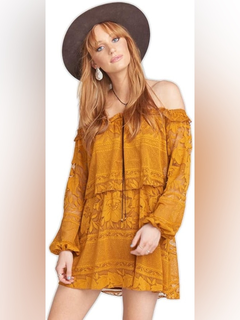 Show Me Your Mumu Bess Lace Mini Dress Mustard Yellow Long Sleeve XS‎